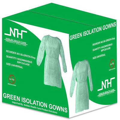 Disposable Isolation Gowns Size: Universal Qty: 50 per Case (Green) - Noble's Health Care Products Solutions