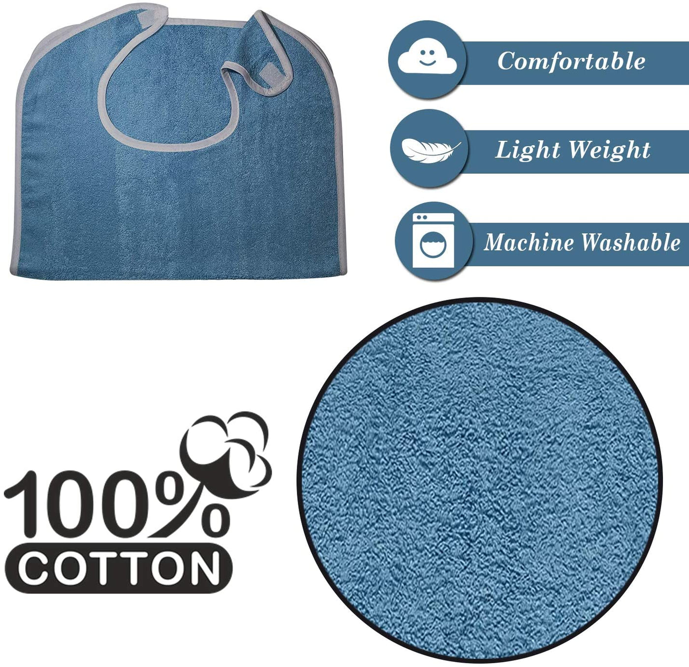 100% Cotton Terry Adult Bibs with Velcro Closure (Blue) - Noble's Health Care Products Solutions